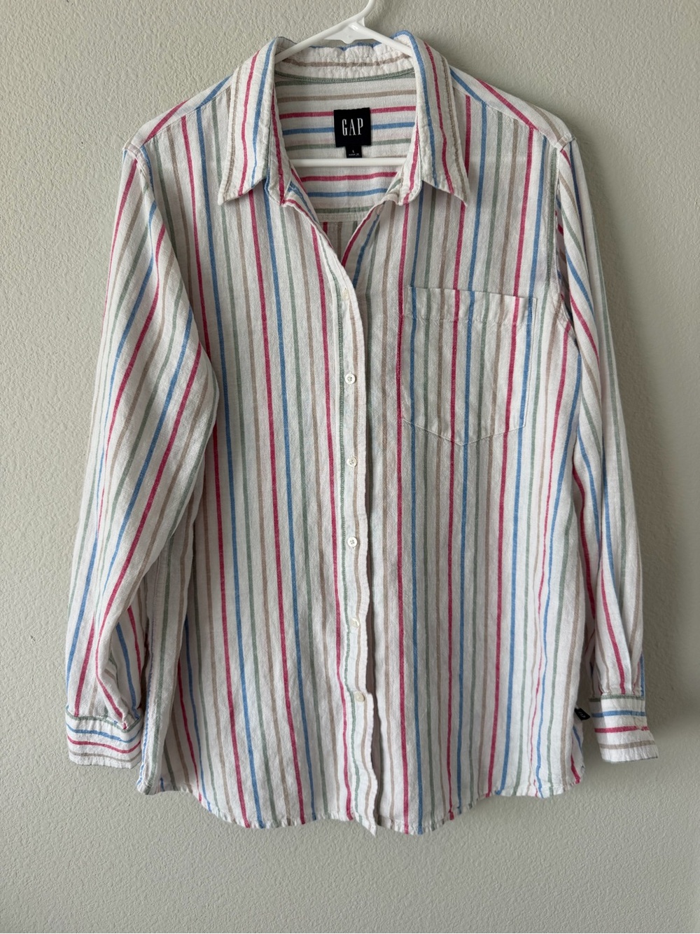GAP Women’s Button-Down Shirt Sz L Multicolor Stripe Linen Rayon Long Sleeve